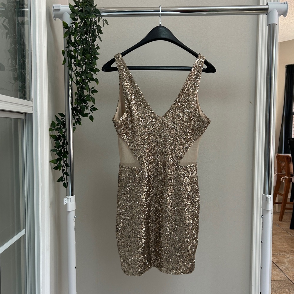 Gently Used Bebe Addiction Gold Sequin Mesh Cutout Mini Dress Sleeveless S